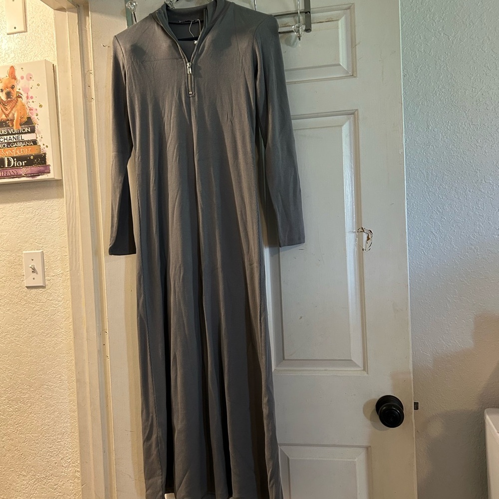 Zara Gray Long-Sleeve Maxi Dress with Zip Neck